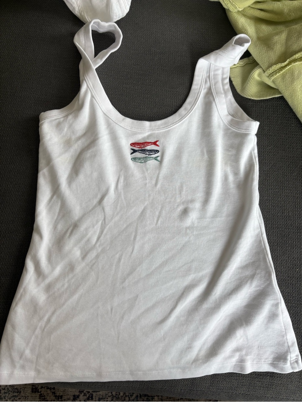 Abercrombie & Fitch White Tank Top with Red and Green Fish Embroidery
